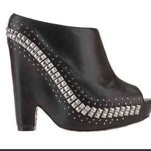 Sam Edelman Black Leather Studded Wedge Peep Toe Booties Silver Studs 6.5